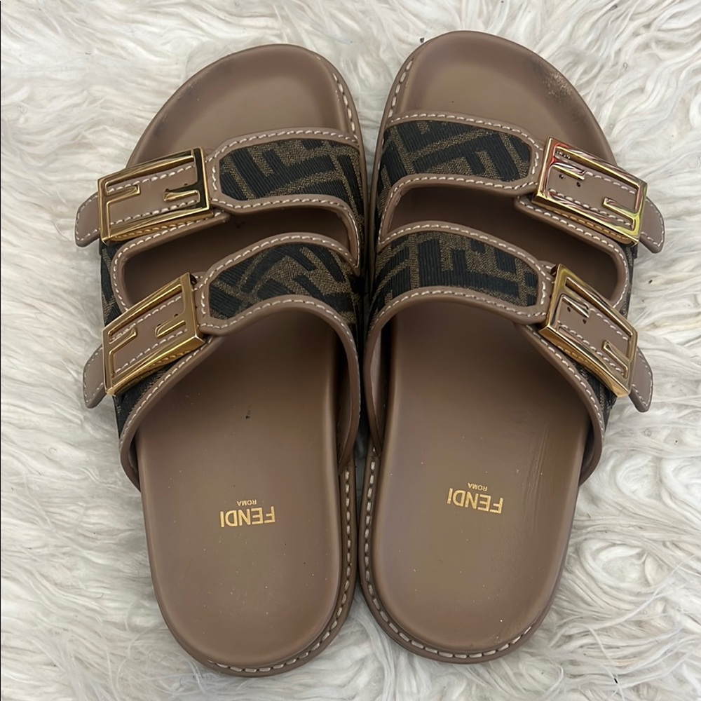 Fendi Brown Slide Sandals with Gold Buckles W/Box